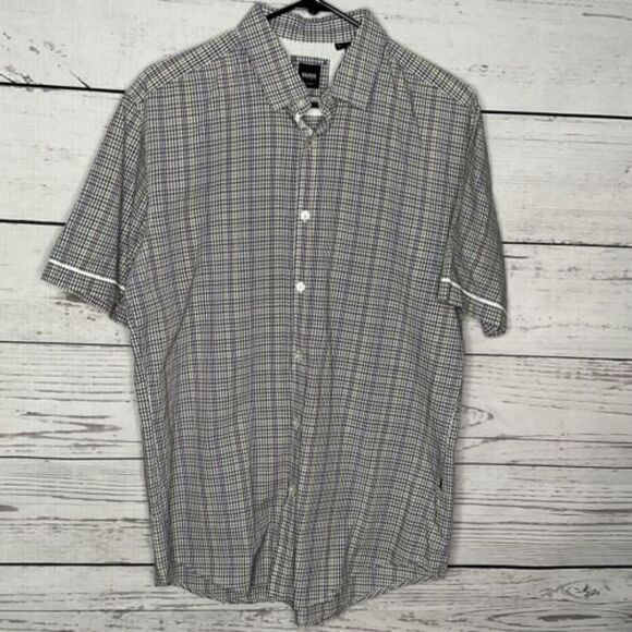 Hugo Boss Mens Shirt Size L Purple/Green Check Button Down Short Sleeve - Picture 2 of 8